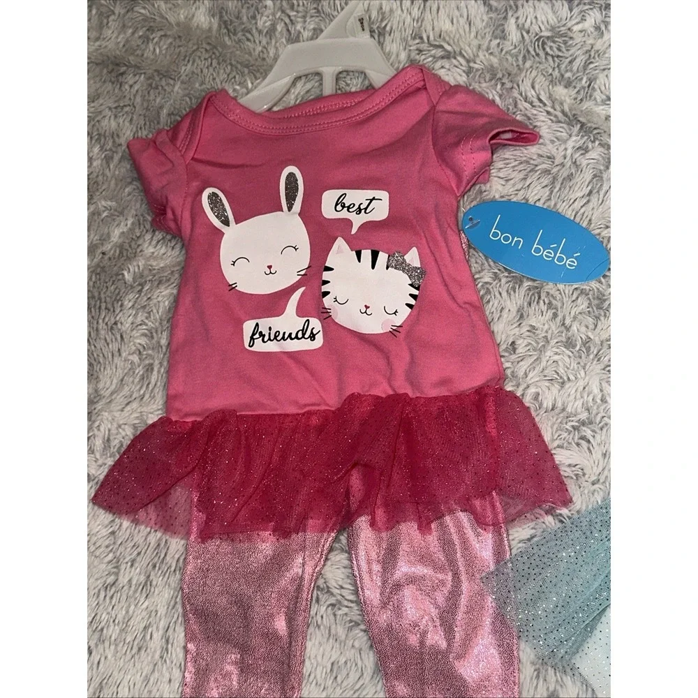 Bon‎ BeBe Size 0-3 Months Girls 3pc Pants Top Bib kitty Set Mermaid Tutu NWT